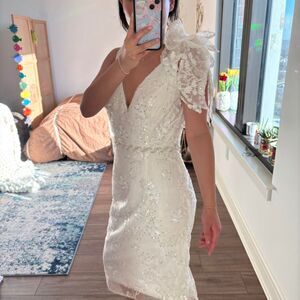 Mac Duggal V-Neck Beaded Embroidered bridal Midi Dress Anthropologie size 8